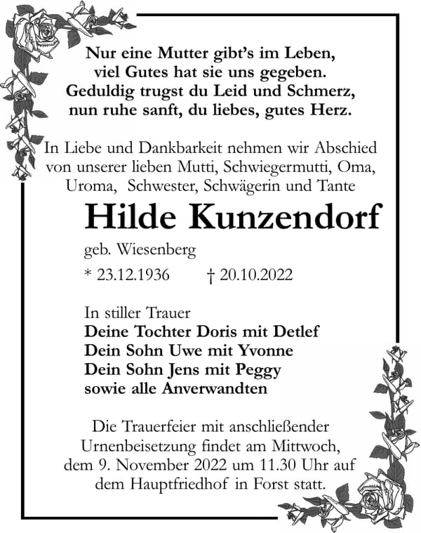Traueranzeige Hilde Kunzendorf, geb. Wiesenberg