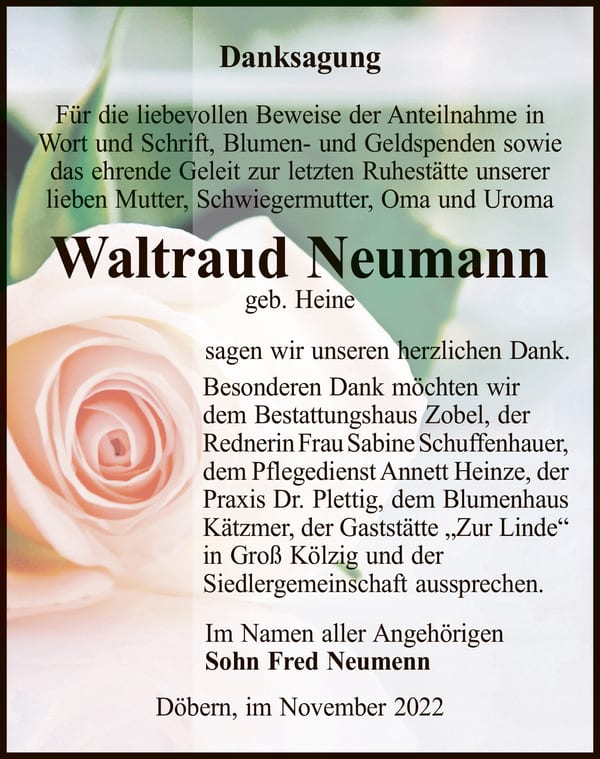 Danksagung Waltraud Neumann, geb. Heine