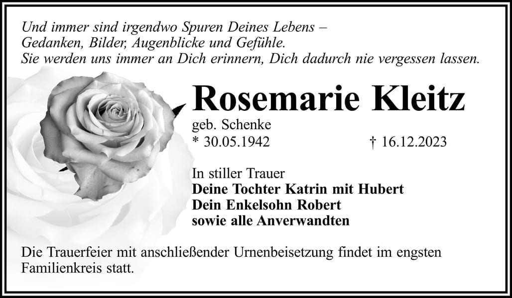Traueranzeige Rosemarie Kleitz, geb. Schenke