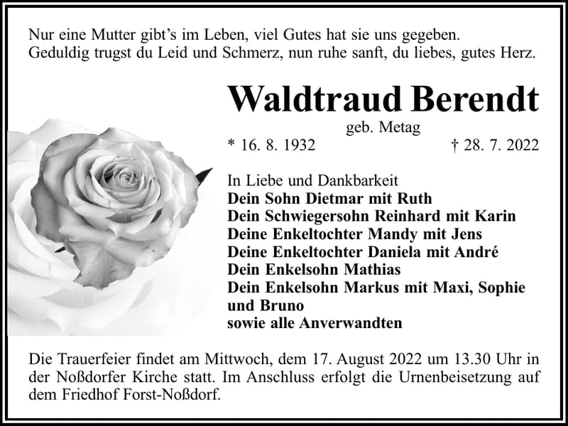 Traueranzeige Waldtraud Berendt, geb. Metag