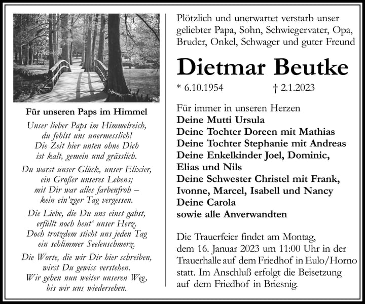 Traueranzeige Dietmar Beutke