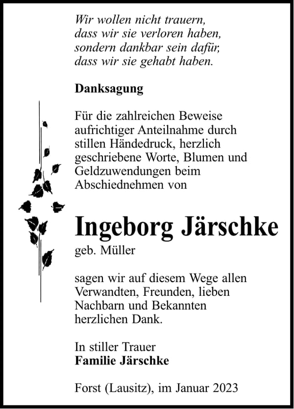 Traueranzeige Ingeborg Järschke, geb. Müller