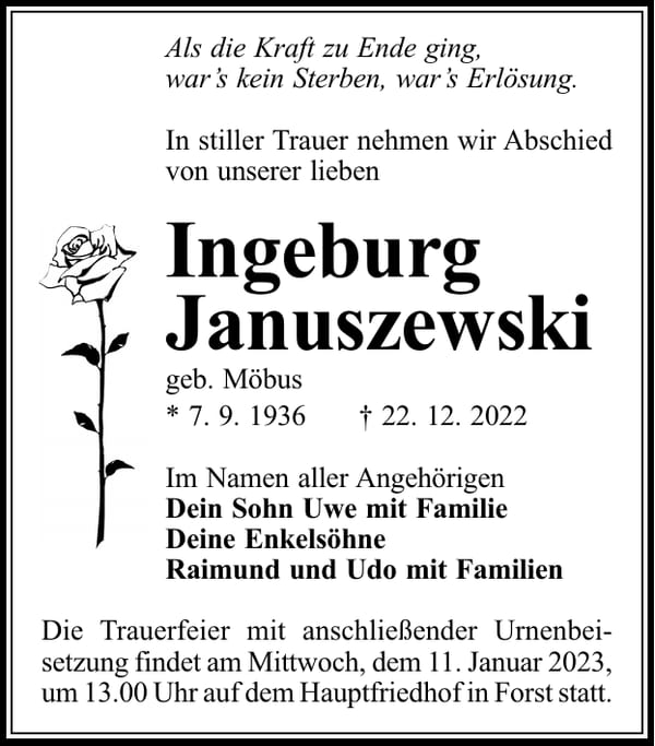 Traueranzeige Ingeburg Januszewski, geb. Möbus
