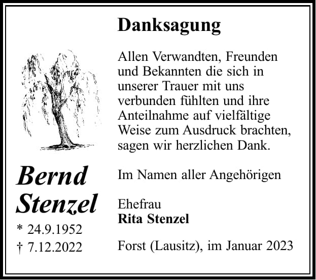 Traueranzeige Bernd Stenzel