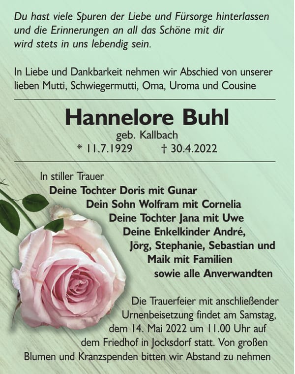 Traueranzeige Hannelore Buhl, geb. Kallbach