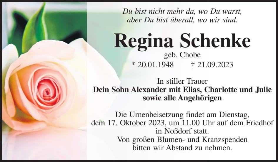 Traueranzeige Regina Schenke, geb. Chobe