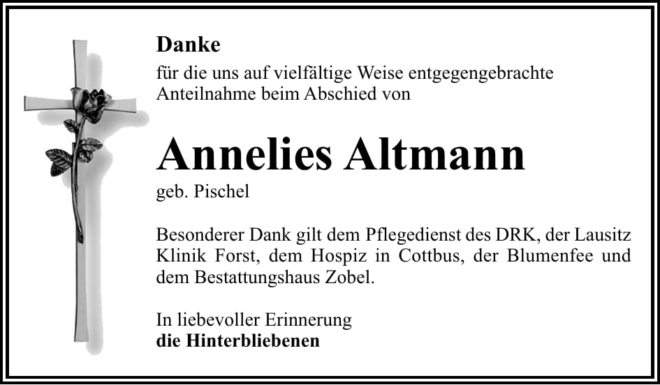 Danksagung Annelies Altmann, geb. Pischel