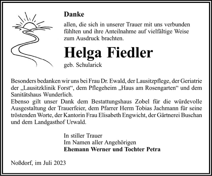 Danksagung Helga Fiedler, geb. Schularick