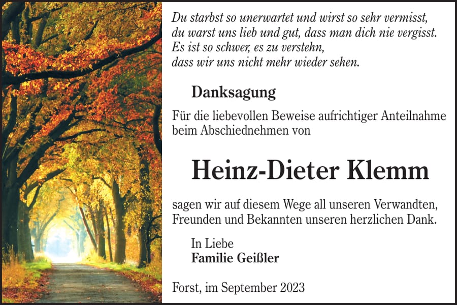 Danksagung Heinz-Dieter Klemm