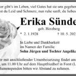 Traueranzeige Erika Sünder, geb. Herzberg
