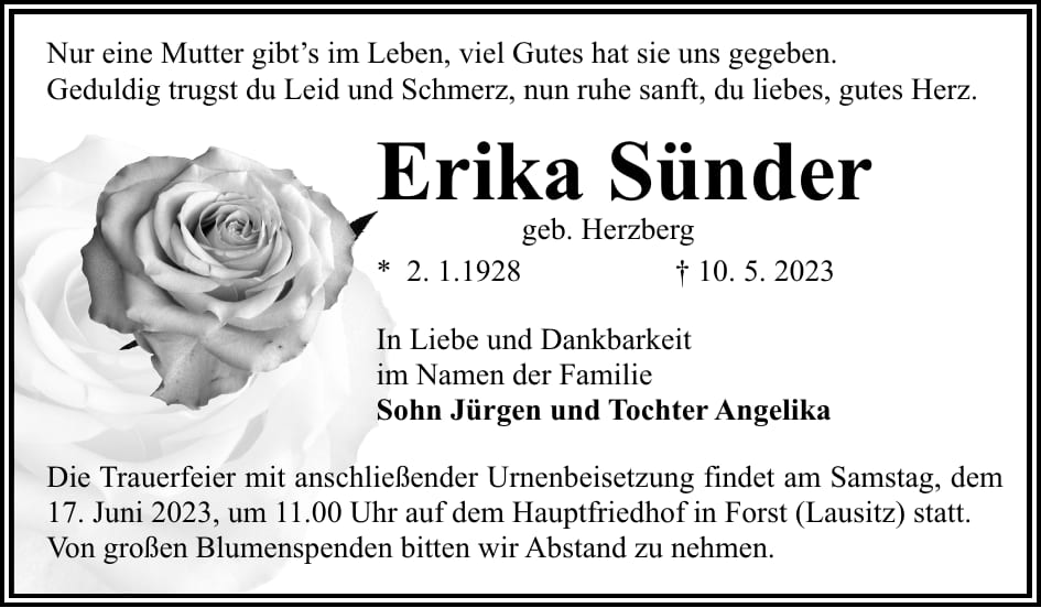 Traueranzeige Erika Sünder, geb. Herzberg