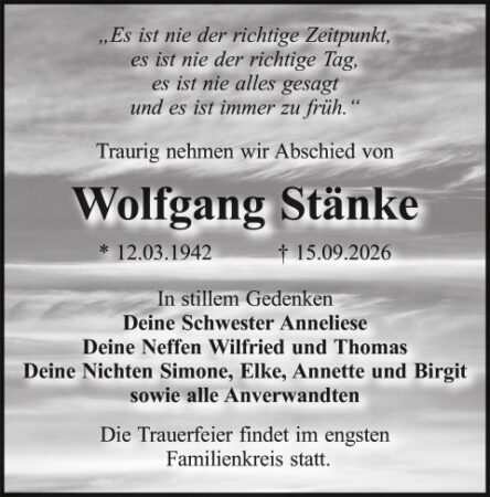 Traueranzeige Wolfgang Stänke