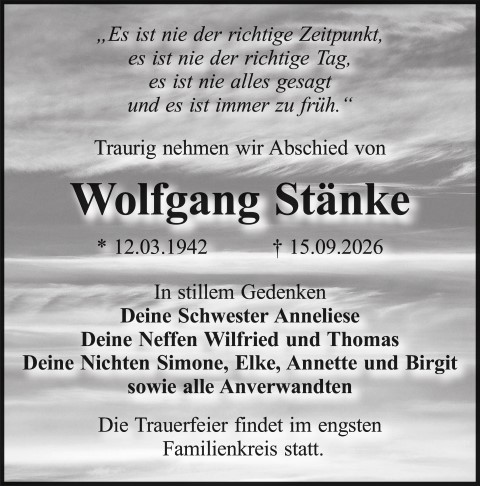 Traueranzeige Wolfgang Stänke