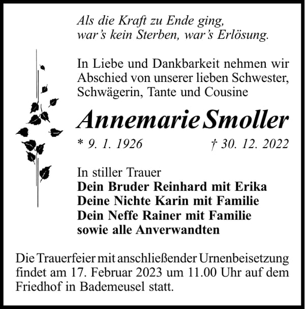 Traueranzeige Annemarie Smoller