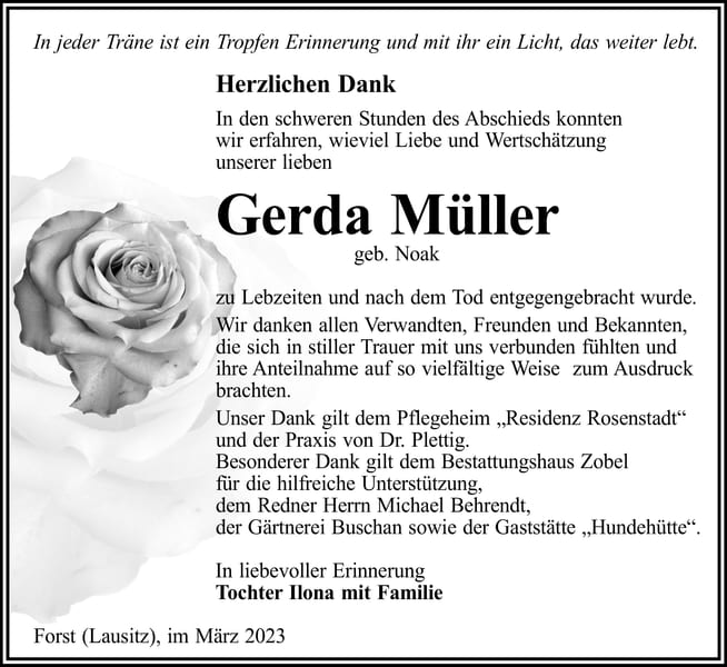 Danksagung Gerda Müller, geb. Noak