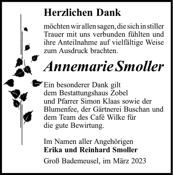 Danksagung Annemarie Smoller