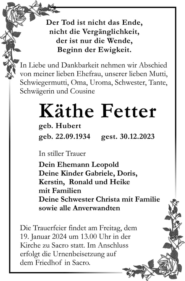 Traueranzeige Käthe Fetter, geb. Hubert