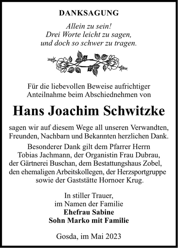 Danksagung Hans Joachim Schwitzke