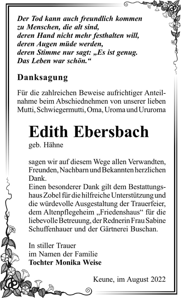 Danksagung Edith Ebersbach, geb. Hähne