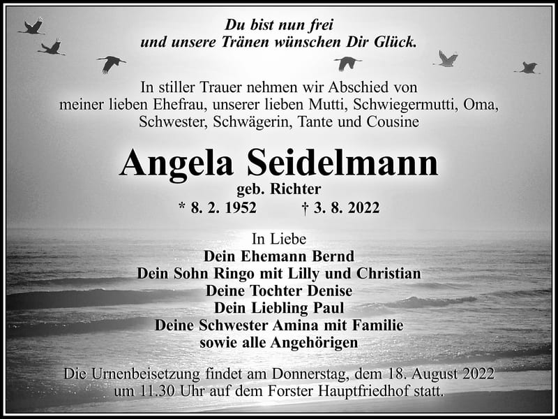 Traueranzeige Angela Seidelmann, geb. Richter