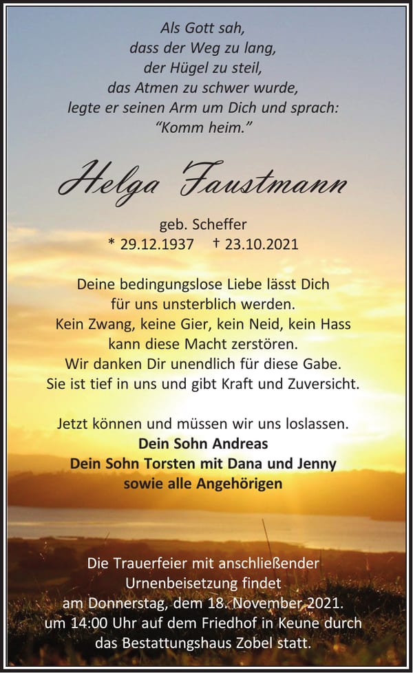 Traueranzeige Helga Faustmann, geb. Scheffer
