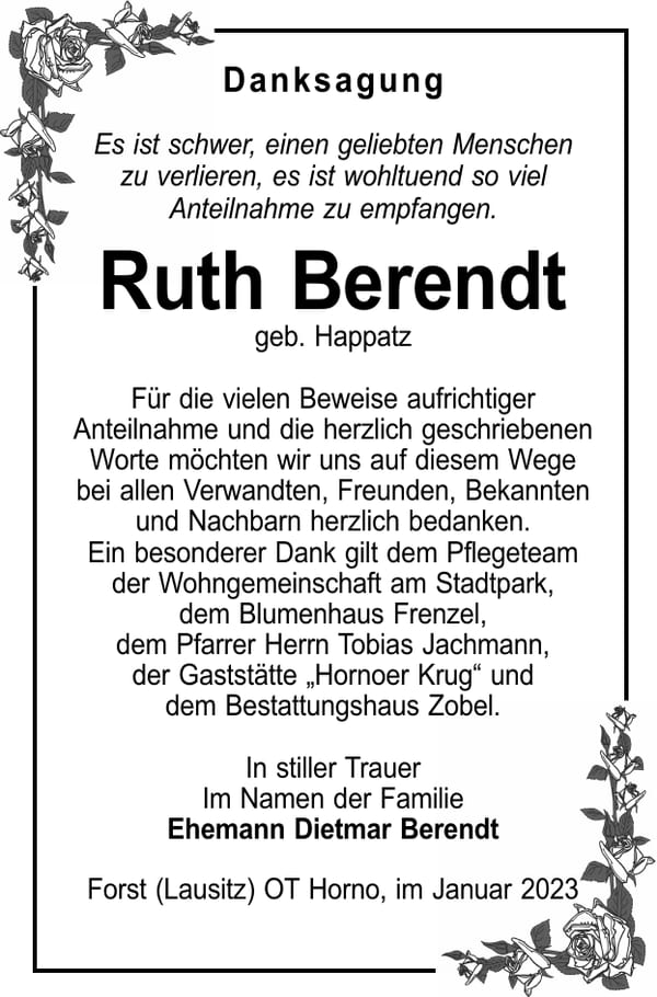 Danksagung Ruth Berendt, geb. Happatz