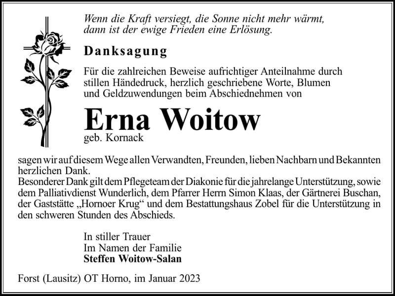 Danksagung Erna Woitow, geb. Kornack