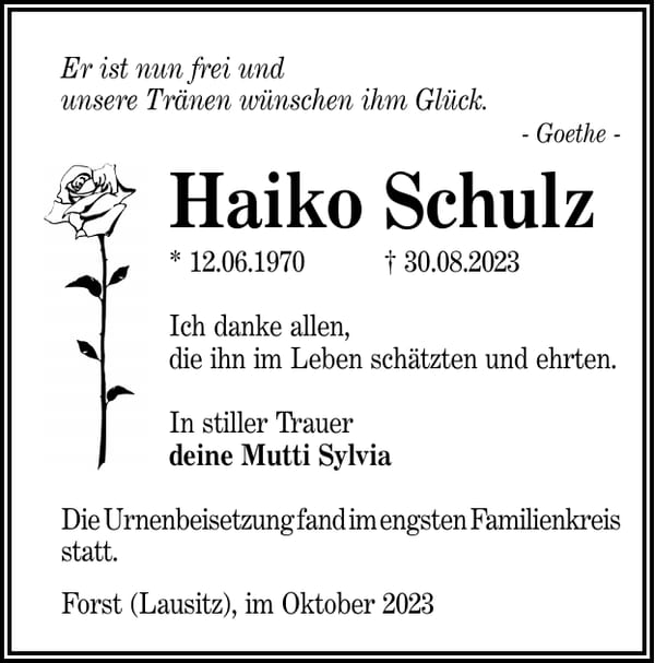 Traueranzeige Haiko Schulz