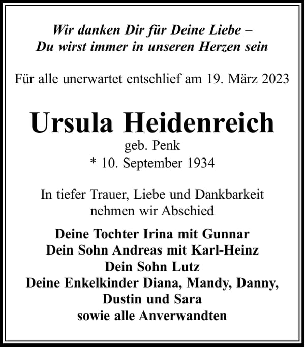 Traueranzeige Ursula Heidenreich, geb. Penk