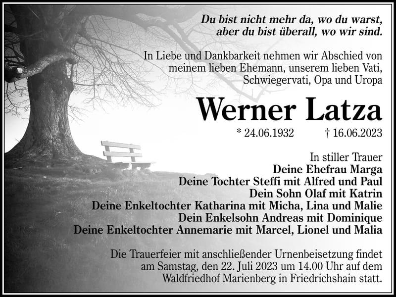 Traueranzeige Werner Latza