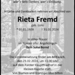 Traueranzeige Rieta Fremd, geb. Lenz