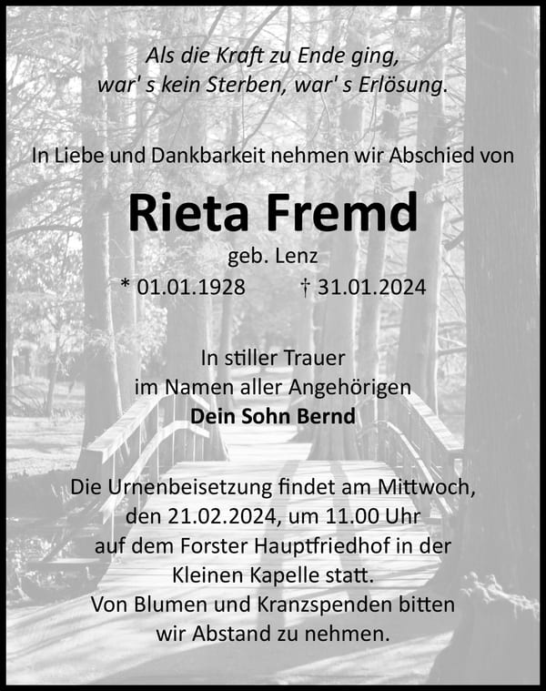 Traueranzeige Rieta Fremd, geb. Lenz