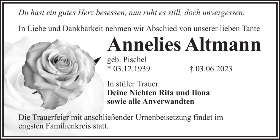 Traueranzeige Annelies Altmann, geb. Pischel