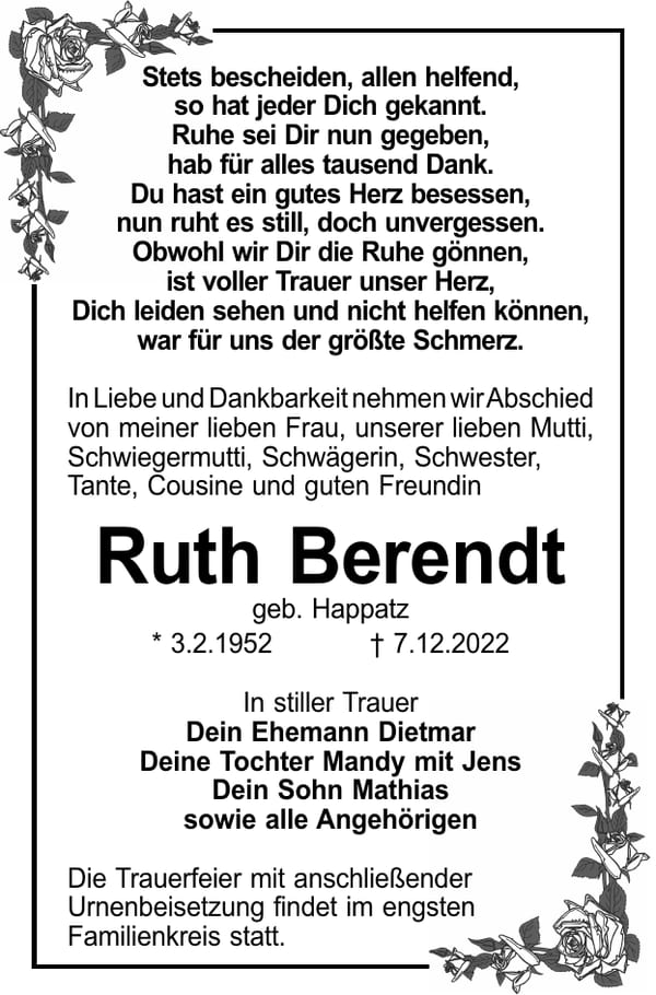 Traueranzeige Ruth Berendt, geb. Happatz