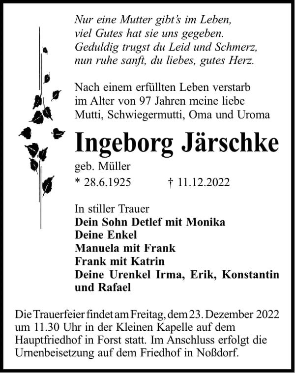 Traueranzeige Ingeborg Järschke, geb. Müller