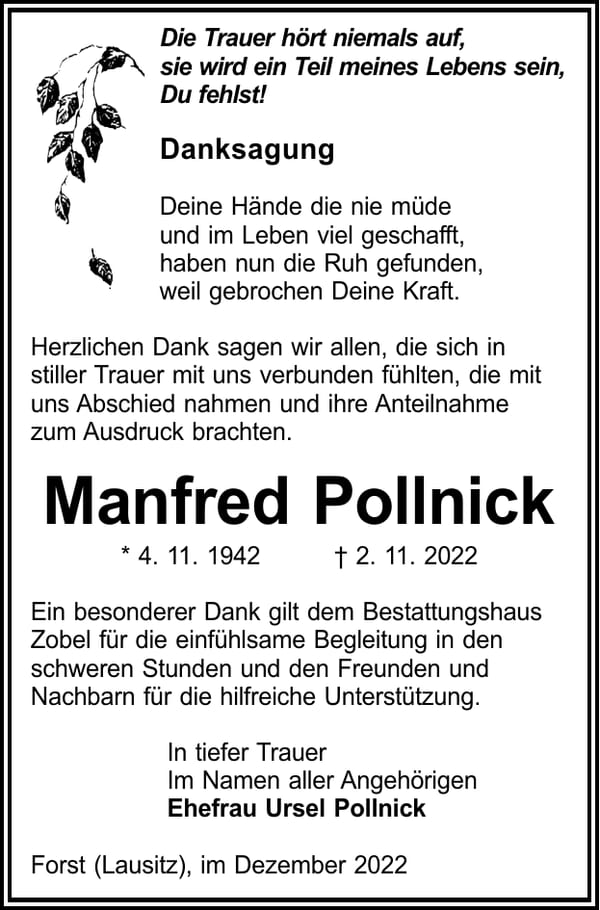 Danksagung Manfred Pollnick