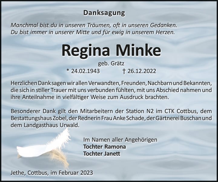 Danksagung Regina Minke, geb. Grätz