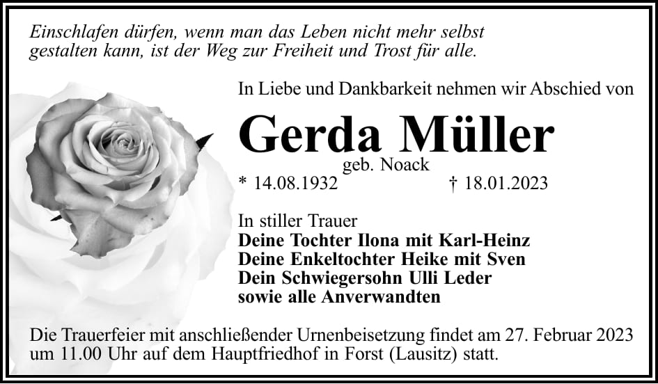 Traueranzeige Gerda Müller, geb. Noack