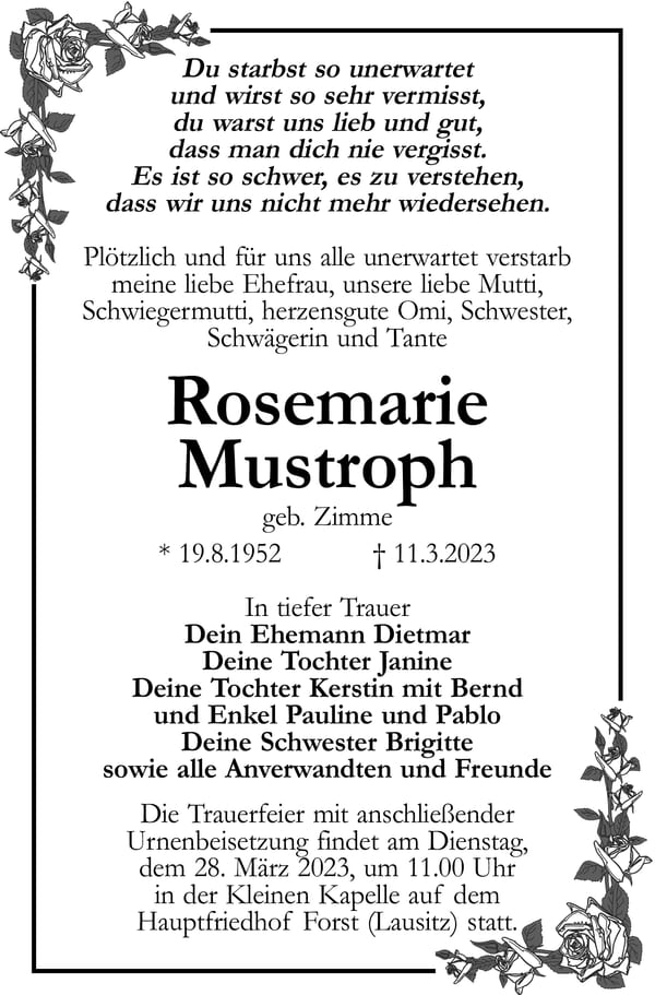 Traueranzeige Rosemarie Mustroph, geb. Zimme