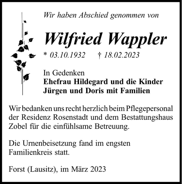 Traueranzeige Wilfried Wappler