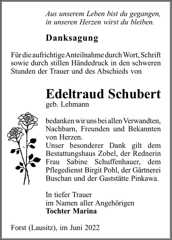 Danksagung Edeltraud Schubert, geb. Lehmann
