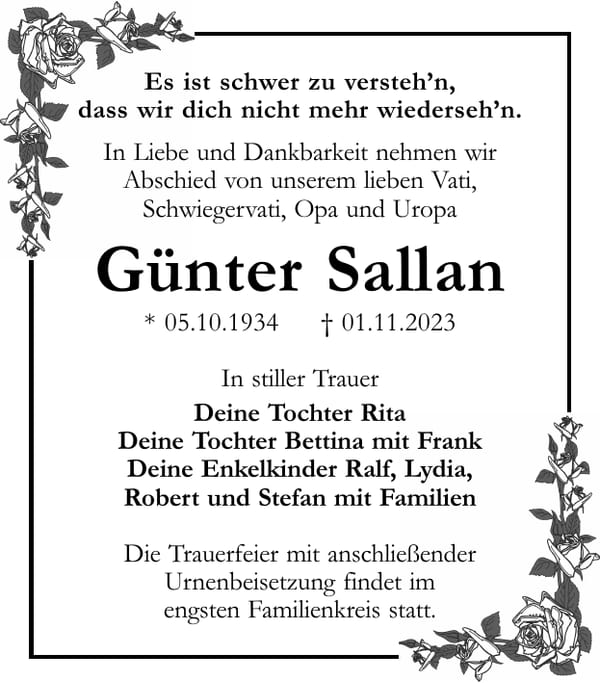 Traueranzeige Günter Sallan