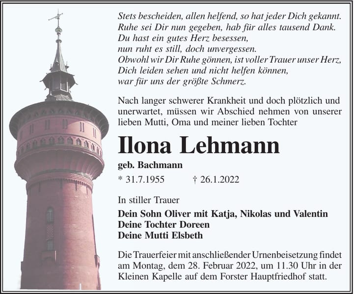 Traueranzeige Ilona Lehmann, geb. Bachmann
