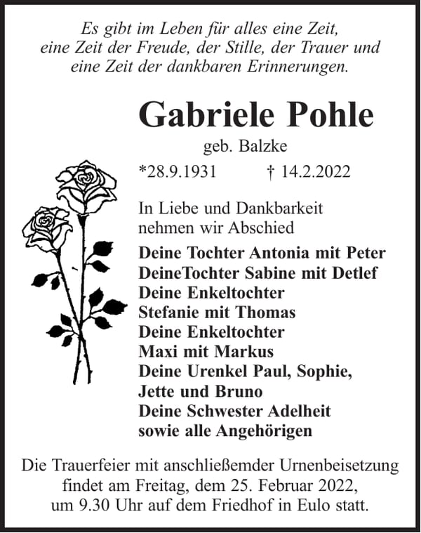 Traueranzeige Gabriele Pohle, geb. Balzke
