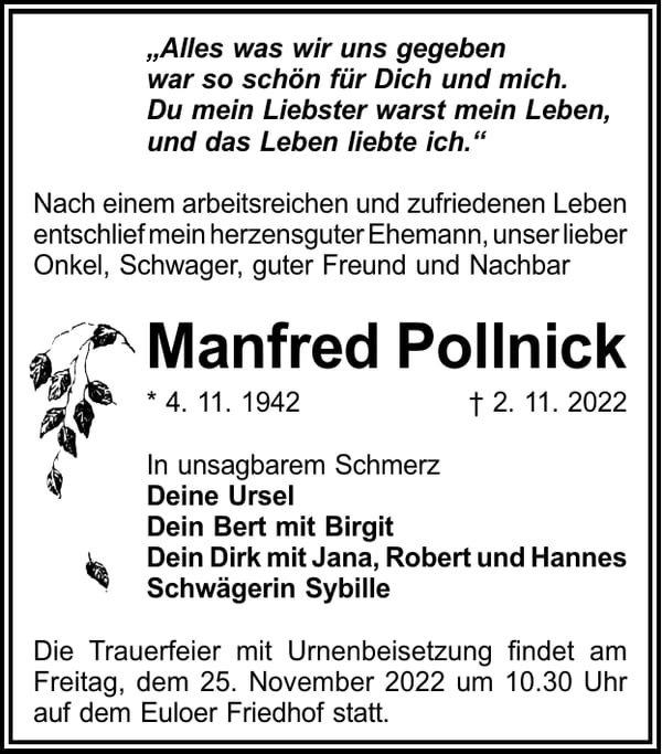 Traueranzeige Manfred Pollnick