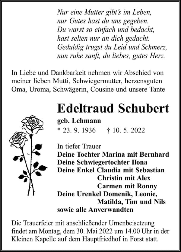 Traueranzeige Edeltraud Schubert, geb. Lehmann