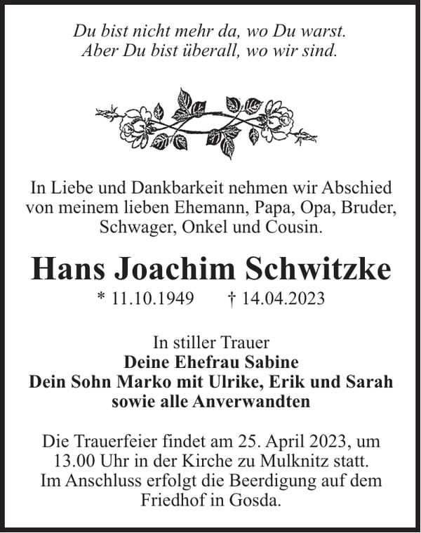 Traueranzeige Hans Joachim Schwitzke