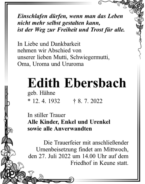 Traueranzeige Edith Ebersbach, geb. Hähne