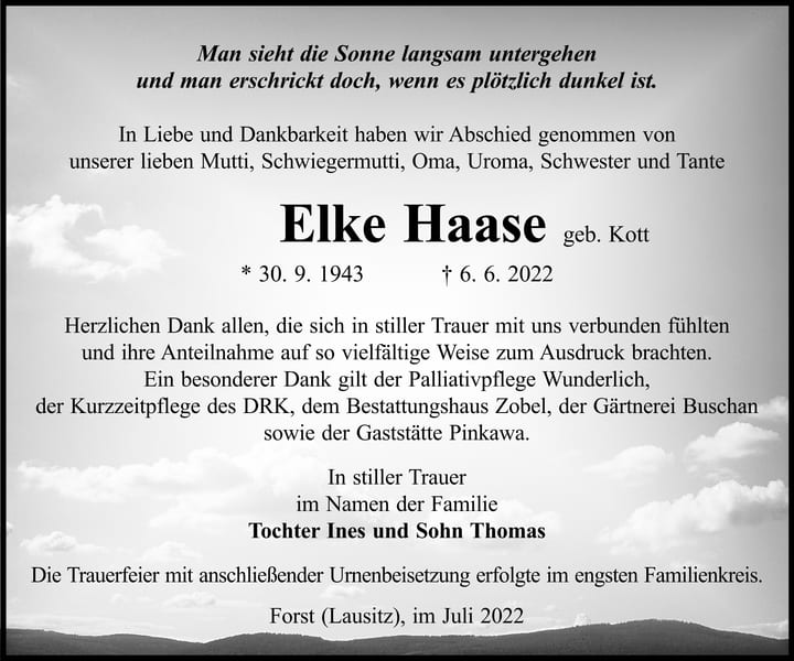 Danksagung Elke Haase, geb. Kott
