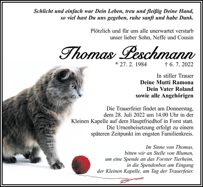 Traueranzeige Thomas Peschmann